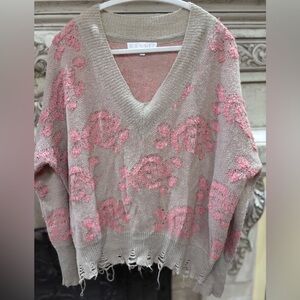 Karlie Distressed Oversized Ripped Floral Desigm Lightweight Sweater Medium